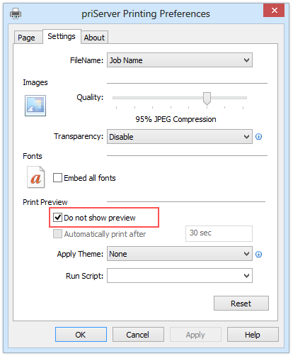 Printing Preferences Dialog